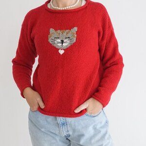 Vintage Planet Earth Sweaters Red Knit w Kitten Face 100% Cotton Crew Sweater M